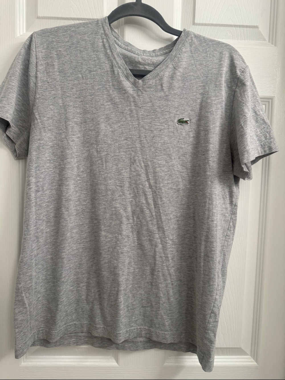 Lacoste Men's Light Gray V-Neck Short Sleeve Tee with Green Logo